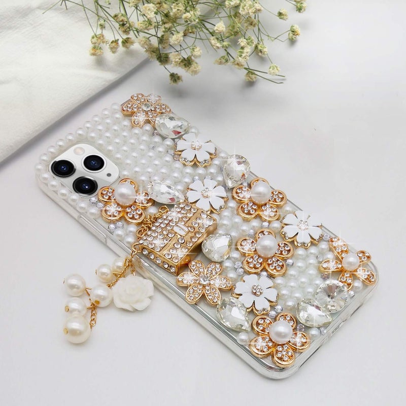 Guppy for iPhone 11 Pro Max Case Women Luxury 3D Bling Shiny Rhinestone Diamond Crystal Pearl Handmade Pendant Handbag Flowers Soft Protective Anti-Fall Case for iPhone 11 Pro Max - Image 3